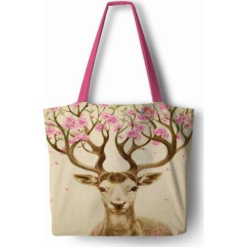 Deer flower Nortic animals print woman Handbag Linen polyester shopping Tote Home Storage with Casual Traveling Beach Bags