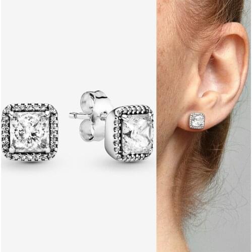 Original 925 Sterling Silver Pan Earring Silver Square With Crystal Earrings For Women Wedding Gift Fashion Jewelry