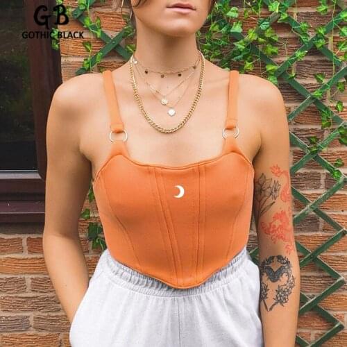 Gothblack Women Slim Moon Embroidery Metal Button Camisole Fashion Summer Sexy Bodycon Backless Tank Tops Female Streetwear Top