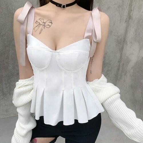 Harajuku Vintage Bracelet White Camis Goth Y2K High Waist Pleated Camisole Women Sexy Lace Up Party Palace Style Corset Tops