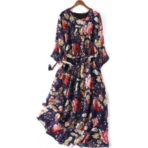 Women Summer Silk Dress O neck plus size Vintage Natural silk dresses Floral Elegant Dress Casual holiday real silk long dress