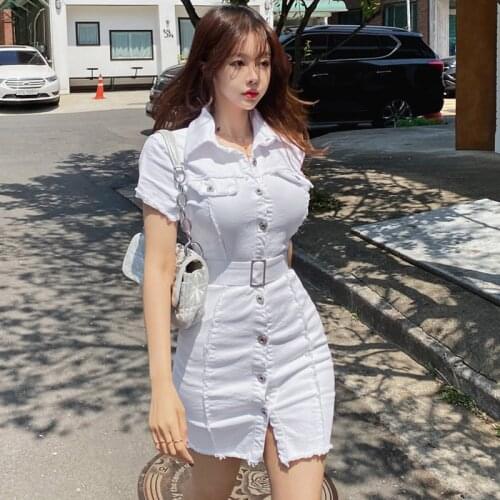 Chic Korean Summer Fashion Lapel Single-breasted Belt Dress Mini Slim Bag Hip Vintage Vestido Feminino Bandage