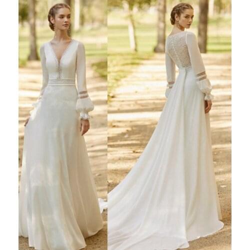 V-Neck Wedding Dresses Long Sleeve Lace Chiffon Sweep Train A-Line Sheer Back Bridal Dress Arabic Wedding Gowns vestido novia