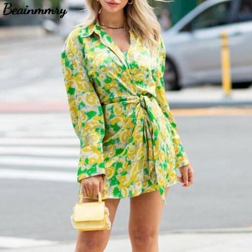 Za 2021 Summer Women Vintage Floral Print Mini Shirt Dress Fashion Elegant Female V Neck Long Sleeve Bow Tied Wrap Dress