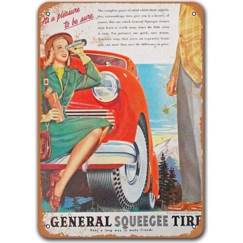1947 General Squeegee Tires Tin Metal Signs Vintage Cars, Sisoso Plaques Poster Garage Bar Retro Wall Decor
