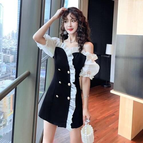 2021 Sexy Strapless Sling Ruffle Mesh Patchwork Black Dress Women Summer Elaegant Mini Dresses Ladies Summer Clothes