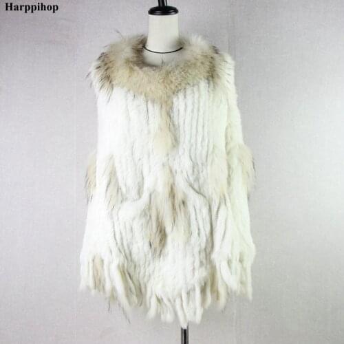 Harppihop Real Knitted rabbit with raccoon Fur Shawl poncho stole shrug cape robe tippet wrap womens winter warm coat/outwear