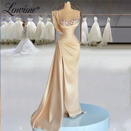 Lowime Arabic Crystals Long Mermaid Evening Dresses Elegant Satin Dubai Party Dress 2021 Plus Size Customized Muslim Prom Gowns