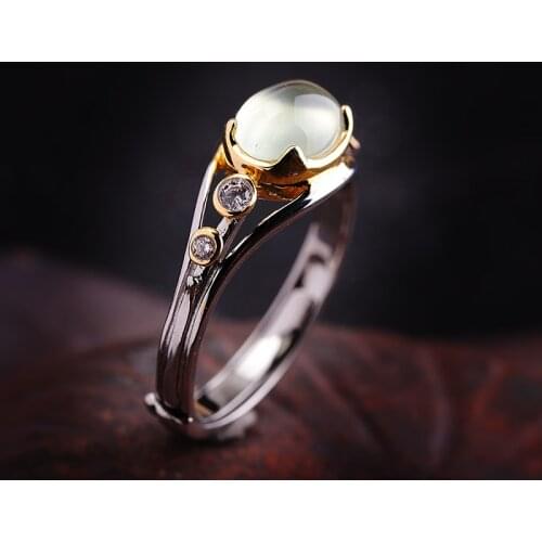 Source Factory Fashion Black Gold Craft S925 Silver Jewelry Womens Open Prehnite Ring