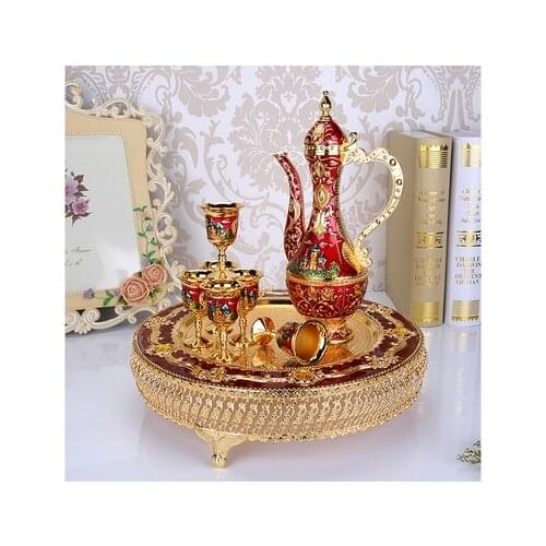Russian wine set with European style antique ceramic glass, white pot and metal wine glass gift set furnishings Home Decoration