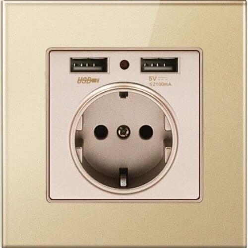 Crystal Glass Panel Dual Usb Charging Port 2.1a Wall Charger Adapter 16a Eu Socket Power Outlet Gold Color