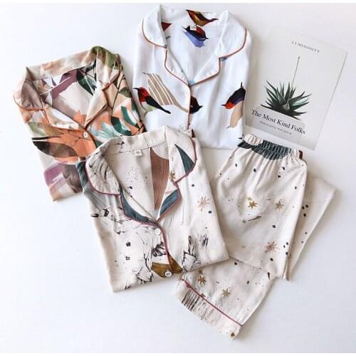 2020 New Women Pajama Set Long Sleeve Print V Neck Button Top + Loose Trousers Cotton Home Clothes Casual Outfit Suits Hot