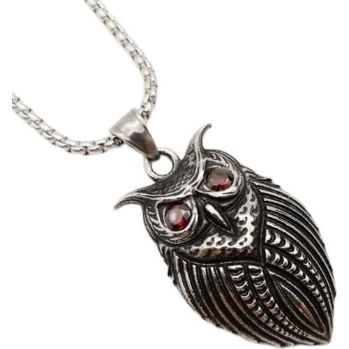 New womens cute night owl charm necklace 316L stainless steel red crystal eyes night owl animal pendant necklace