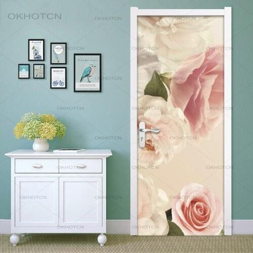 Pink Rose Flower Sticker For Kids Room 3D PVC Wallpaper Door Sticker Modern Mural DIY Decal Art Sticker Picture Wall Art Sticker
