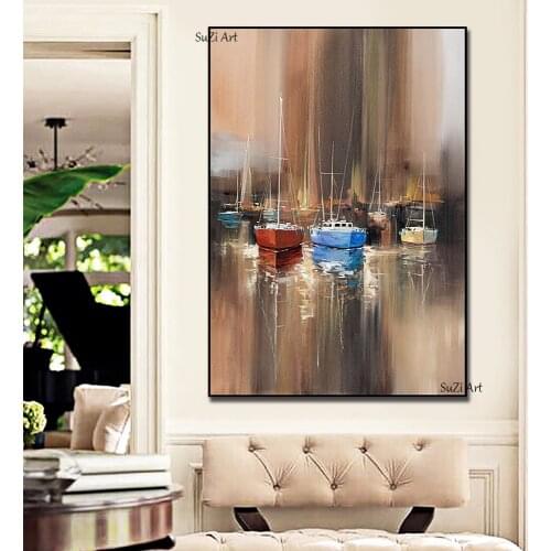 Handpainted Abstract Sail Boats Oil Painting On Canvas Handmade Beautiful Abstract Brown Landscape Oil Paintings For Home Decor