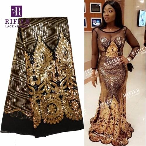 Gold Sequins Mesh Net Lace Fabric African French Guipure Fabric Sequined Embroidered High Quality Lace For Nigeria Weddings Lace