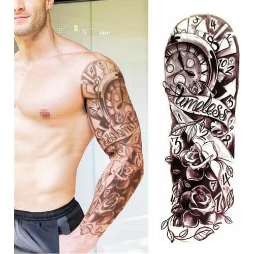 Full Flower Arm Temporary Tattoo Sticker Rose Clock Body Art Water Transfer Fake Tatoo Sleeve For Men Women