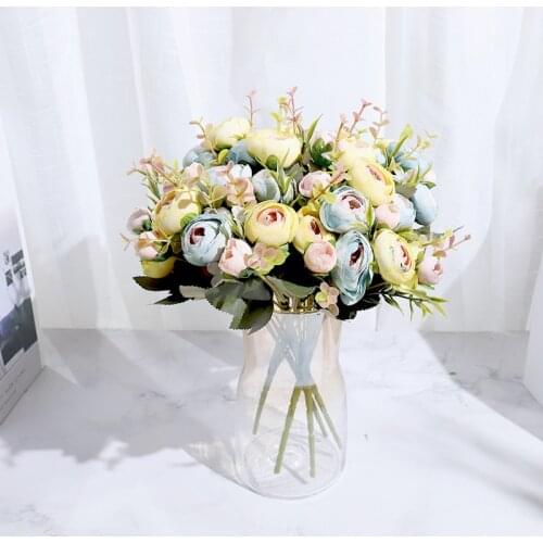 Vintage Artificial Flower Tea Rose 6 head 4 Small Bud Small Bouquet Bride Wedding Home Retro Fake Flower Party DIY Decoration