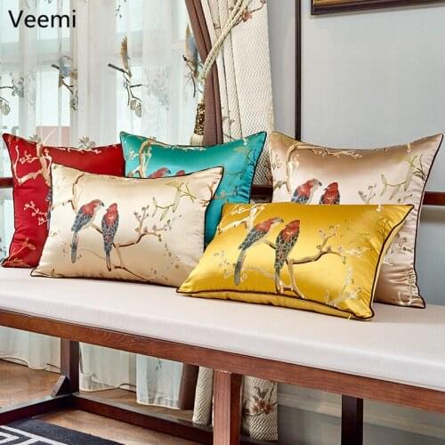 Embroidered Classical Red Yellow Birds Cushion Cover Silk Red Pillowcase Decoration for Living Room Sofa Waist Pillowcase