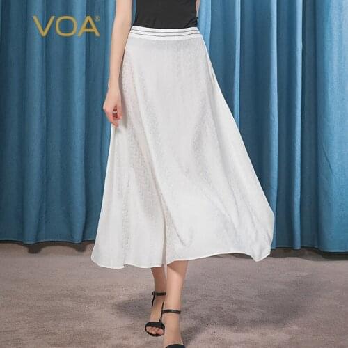 VOA Silk Jacquard 22m/m Bump Pattern Blue Line Close-knit Mid-waist Large Hem Elegant Swaying Long White Skirt CE1