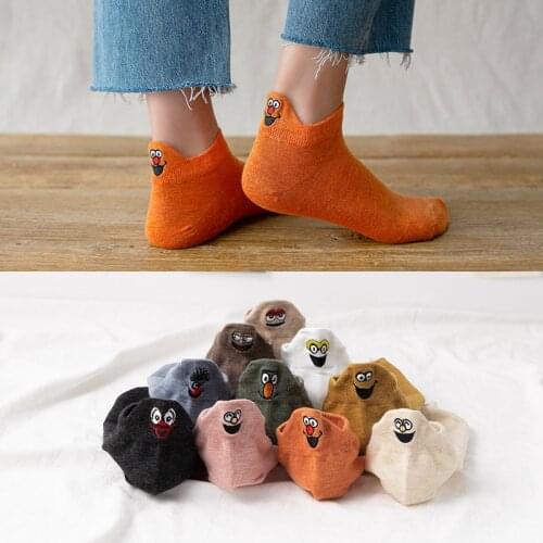 Women Lovely Cotton Short Heel Boat Socks Novelty Shallow Mouth Personalized Kawaii Funny Expression Embroider Breathable Female