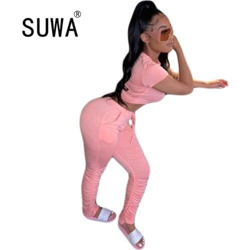 2020 new women pink clothing two piece tracksuit set 90s t shirt top + high waist stacked joggers sweatpants casual outfits