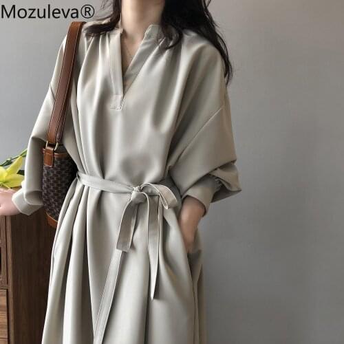 Mozuleva High Quality V-neck Women A-line Dress 2021 Spring Autumn Long Sleeve Slim Waist Female Lace-up Midi Vestidos OL Dress