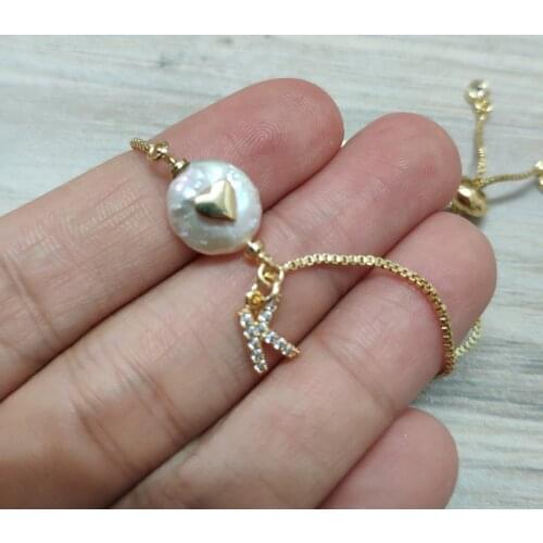 Gold tiny heart whtie cz initial 26 alphabet letter name charm freshwater pearl bead gold link bracelets for women