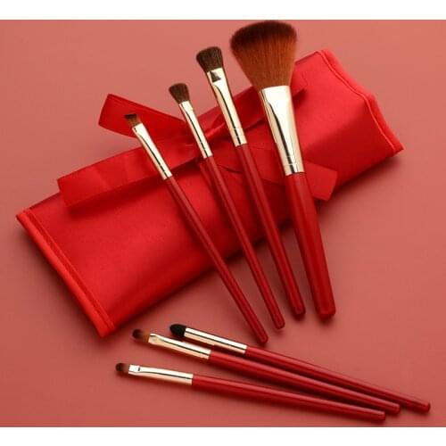 7pcs-Makeup Brushes Sets with Cosmetic Bag Eye Shadow Eyebrow Foundation Lipbrush Makeup Tools Face Brush Set (Red)