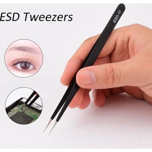 ESD 11-15 Electronics Industrial Tweezers Anti-static Curved Straight Tip Precision Stainless Forceps Phone Repair Hand Tools
