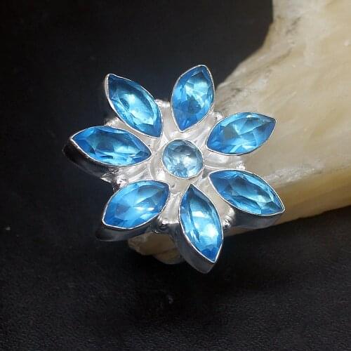 Hermosa Jewelry Multi Charms Shiny BlueTopaz Unique Silver Color Wedding Charms Band Ring For Women Ladies Size 7 HD949