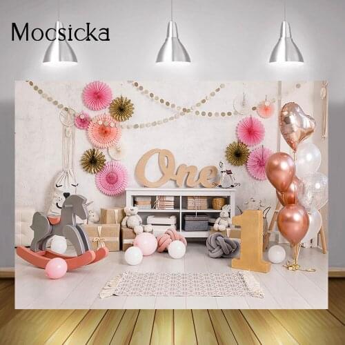 One Birthday Cake Smash Background Photo Studio Balloons Gifts Flower 1st Birthday Portrait Backdrop Photography Photocall Props