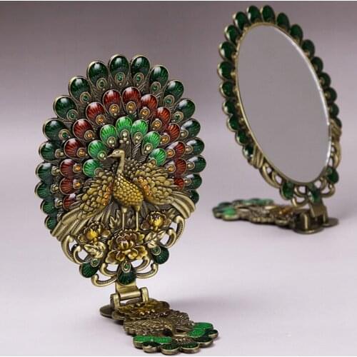 Gift Lady Antique Peacock Painted Retro Metal mirror Court Classical Crystal Cosmetic mirror Foldable handle mirror Princess