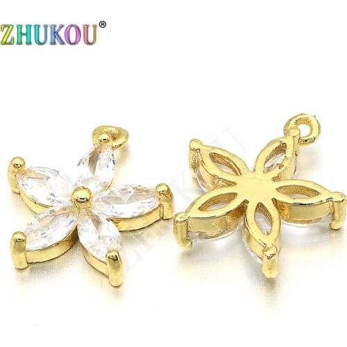 13x15mm Brass Cubic Zirconia Flower Charms Pendants DIY Women Necklace Jewelry Accessory Findings, Hole: 1mm, Model: VD267