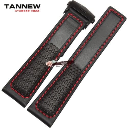 Red bottom soft cow leather strap for brand 22mm black red genuine leather watchband with folding clasp