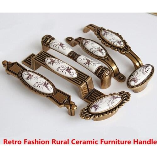 96mm 128mm retro priniting ceramic kitchen cabinet wardrobe door handle antique brass drawer cupboard knob pull bronze handle 5"