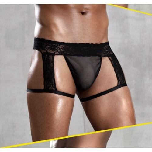 Men Sexy Perspective Appeal Underwear Lace Edge Black Shorts Stripper Clothes Sexy Chaps Exotic Pants