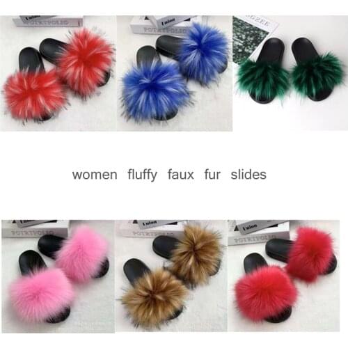 Fashion Black Slides Sandals Girls Fluffy Slippers Faux Fur Slippers Women Rainbow Slippers Home Warm Shoes Plush Flip Flops