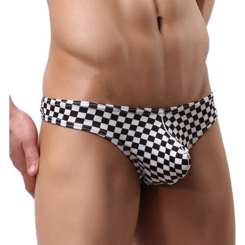 Mens Sexy Briefs Trunks Underpants Male Plaid G-String Thongs Low Waist Bulge Pouch Underwear Shorts Male Bikinis