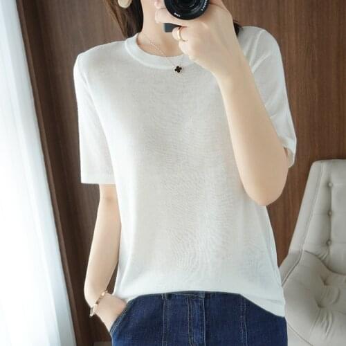 Womens wool T-shirt 2021 summer new casual solid color knitted sweater short-sleeved womens top plus size tees