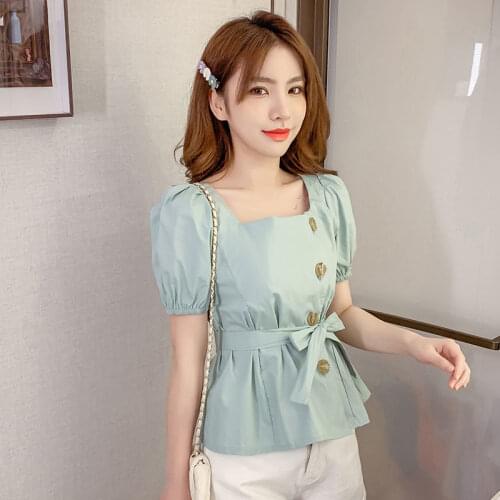 Women 2021 Fashion Blouse Elegant Square Collar Blusa Office Lady Solid Color Puff Sleeve Shirts Female Summer Lace-up Tops Q385