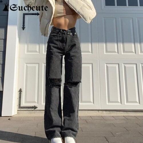 SUCHCUTE Gothic Ripped Straight Womens Jeans Pants Streetwear Casual Grey Denim Distressed Trousers For Women Harajuku 2021