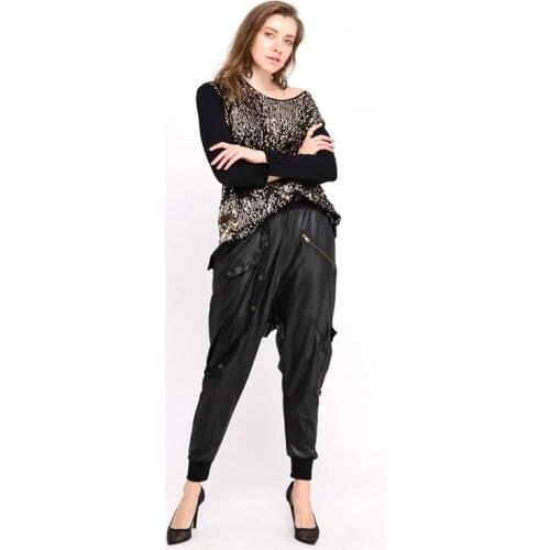 Slit Sequin Blouse And Baggy Trousers Suit 2 Pieces Very Stylish Black Set For Women Winter Clothing 2021 New Fashion