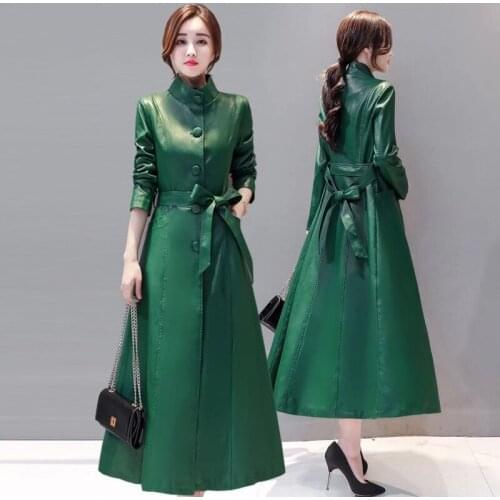 2019 Spring Fall Women Slim Sash High Waisted Green Red Black Pu Leather Trench Coat , Autumn Womens Fashion 5xl Coats