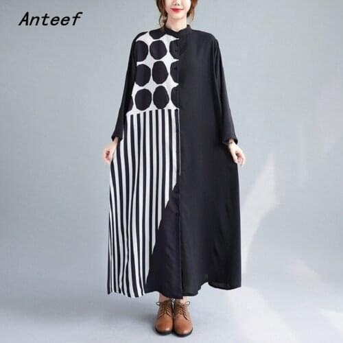 Anteef long sleeve plus size black cotton vintage dresses for women casual loose spring autumn shirt dress elegant clothing 2021