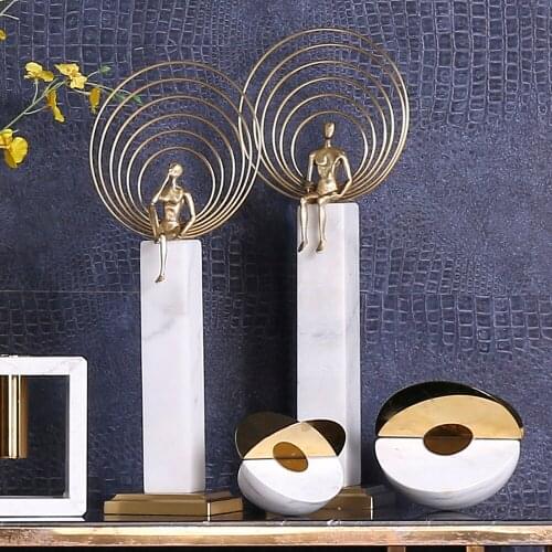 Abstract Metal Figure Sit On White Rectangular Marble Statue Home Decor Accessories Ornaments Craft Gifts Home Furnishings