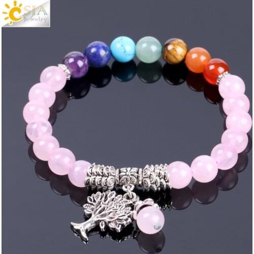 CSJA Natural Pink Crystal Quartz 7 Chakra Gem Stone Bead Bracelet Tree Pendant Prayer Healing Stretch Bangles Women Jewelry F129