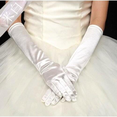 Stretch Satin Full Finger Long Gloves Classic Adult Black White Opera/Elbow/Wrist Women Bridal Wedding Gloves Matching Costume