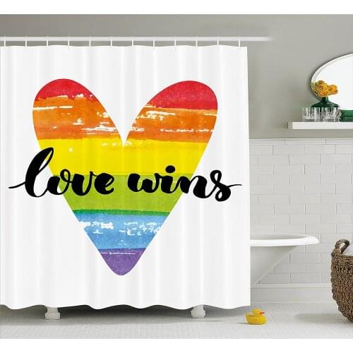 Pride Shower Curtain Hand Lettering on Watercolor Heart Symbol of Gay Marriage Inspirational Home Decor Bath Curtains
