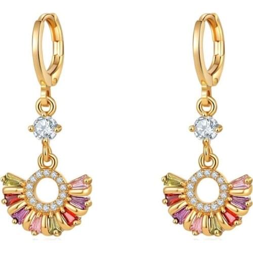 MxGxFam Classical Fan Style Drop Earrings Colorful Zircon For Women Gold Color 18 k FASHION JEWERLY AAA